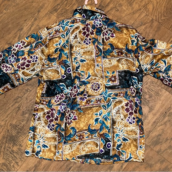 Vintage polyester button up collared shirt long puff sleeve floral design sz14 - Picture 7 of 16